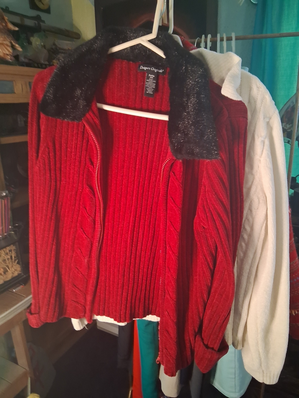 Designers Originals Red Ribbed Zip-Front Sweater with Black Faux Fur Collar